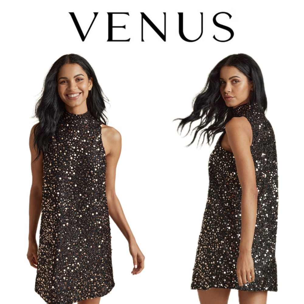 NWT VENUS Mockneck Sequin Mini Dress - Black & Gold Size 4